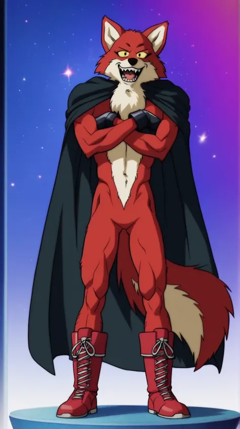 score_9, score_8_up, score_7_up, Just a boy, expressive, Makeup for girls Basil DBS, yellow sclera,       Red body,      red hair, lobo, , black gloves,  black nose , lobo ears, sharp teeth, fangs,  hairy, anthropomorphic), fondo gradiente azul con stars ,...