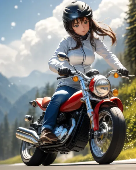 ((( Masterpiece:1.3, Best Quality, hight resolution, nffsw, Perfect Pixel, 4K, nffsw, nffsw))), 1girl in, Off-road motorcycle driving on spring country roads、18-year-old girl、jet helmet、((December scenery, white Christmas, softly falling snow, she drives ...