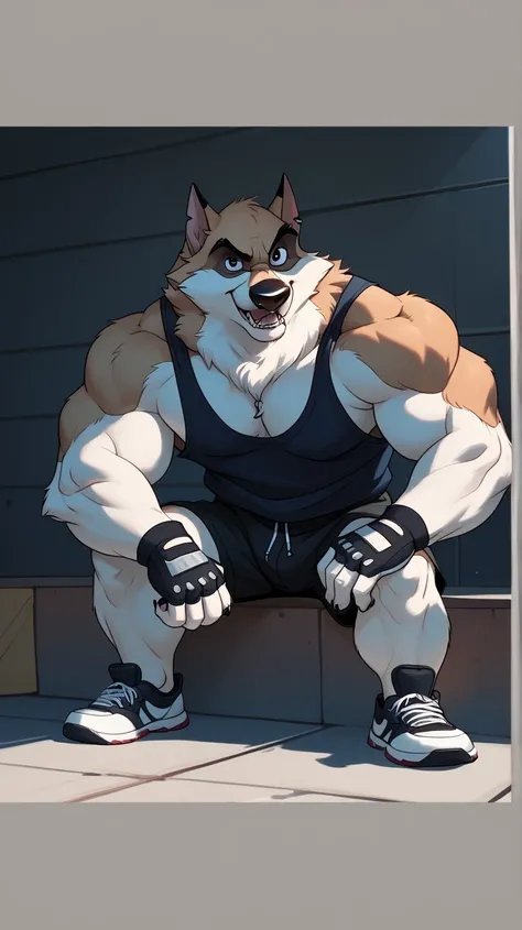 Kaltag pny, Alaskan Malamute, Alone , detailed, detailed face, detailed eyes, anthropomorphic body , eyes, adult, very muscular:1.1, Shady cartoon, shaded cells:1.0, flat colors, shirtless, wfa style, black style , cartoon anatomy, above the waist, lookin...