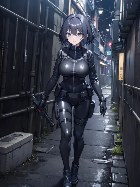 ((best quality)), ((masterpiece)), (detailed), anime girl gesture, walking, (looking away), shy look, short black hair, big breasts, sexy, ,ojos detaileds, blue eyes, (((pale skin))), tactical hip covers, chest harness , ((battlesuit tight black)) ((blac...