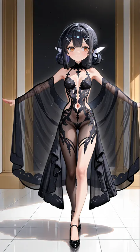 wide shot,full body,1girl,Miyu Edelfelt,,toddler,petite,cute face,light smile,solo,brown eyes,black hair,x hair ornament,small breasts,spread arms,cleavage see-through,navel,bare back,slim,slim legs,chronopattern dress,full bodystocking,revealing-clothes,w...