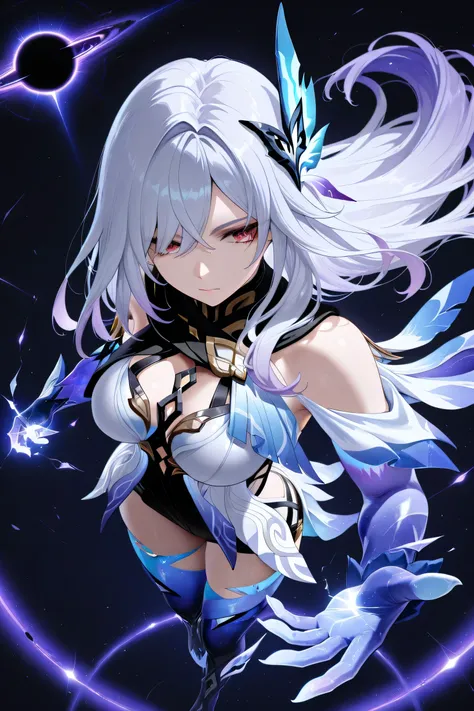 skirk genshin impact, half closed mouth, looking confident, view from above, view from directly above, dynamic pose, dynamic angle, masterpiece, a black hole in hand, space in the background,