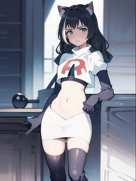 karyl,low twintails, twintails, cat tail,team rocket,team rocket uniform,white skirt,crop top,black thigh-high boots,black elbow gloves