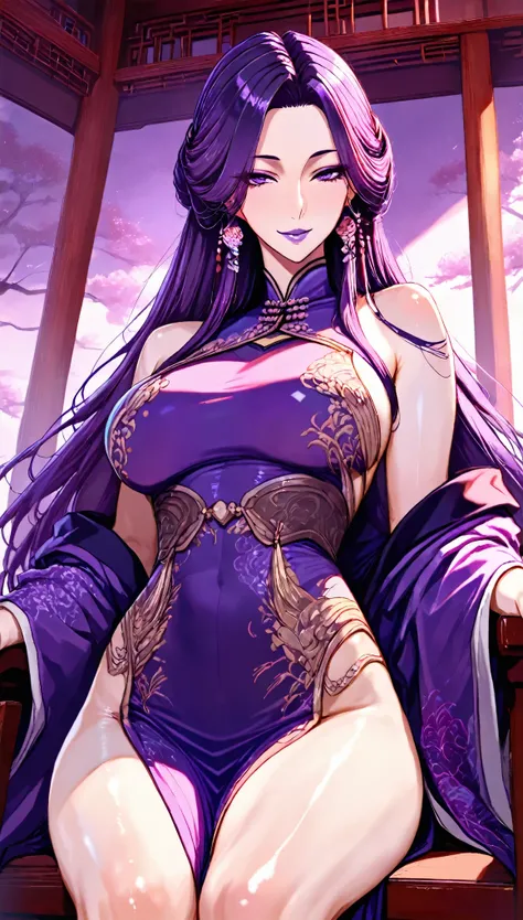 SOLO, A Female ,Perfect body ,Shiny skin,(Purple hair, Chinese long hair), Purple eyes,Sitting On a wooden Chair, Wearing A Purple Chinese Robe, In the Chinese classical room, Purple lips,Torogao, seductive smile,UHD, anatomically correct, masterpiece, tex...