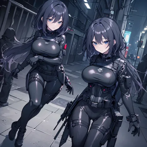 ((best quality)), ((masterpiece)), (detailed), anime girl gesture, walking, (looking away), shy look, short black hair, big breasts, sexy, ,ojos detaileds, blue eyes, (((pale skin))), tactical hip covers, chest harness , ((battlesuit tight black)) ((blac...