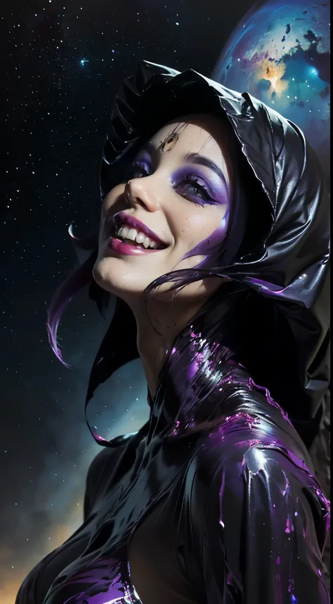 ( body made of galactic liquid agate purple and black metallic paint，  distorted into a beautiful interpretation of a woman's image  ), nature,(( Complex galactic metallic color in the foreground )), (( Fluid Mechanics,  the cutest smooth scaly facial make...