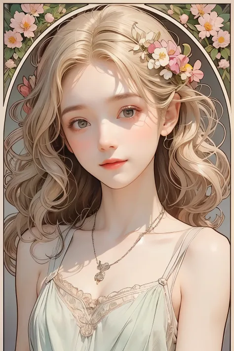 (Oil painting of a young and beautiful woman), striking portrait, pursuit of beauty, (Calm and gentle girlish smile), ((Nearly straight medium-length blonde silver-gray hair)), (Close-up), (Simple, urbane, soft-colored shirt), Bright primary colors used pa...