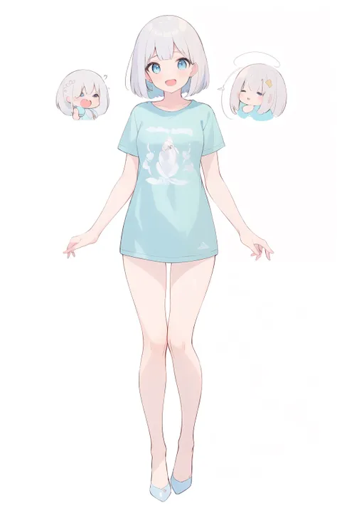 full body,1girl, solo,Bob Cut,beautiful silver hair,laugh,beautiful light blue eyes,t-shirt