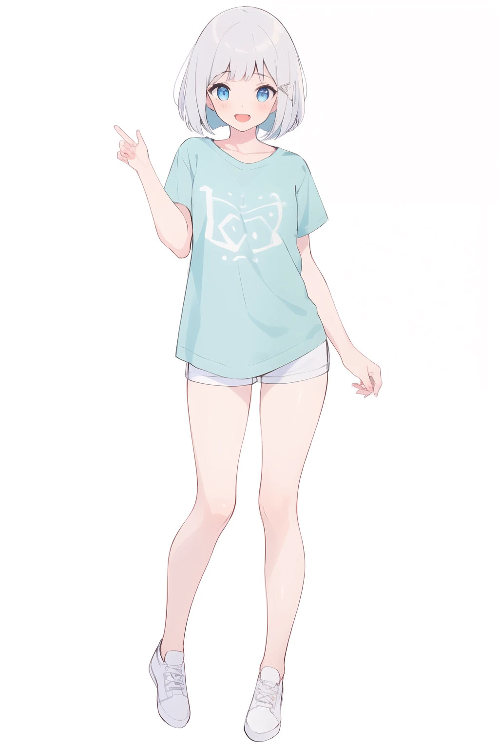 full body,1girl, solo,Bob Cut,beautiful silver hair,laugh,beautiful light blue eyes,t-shirt