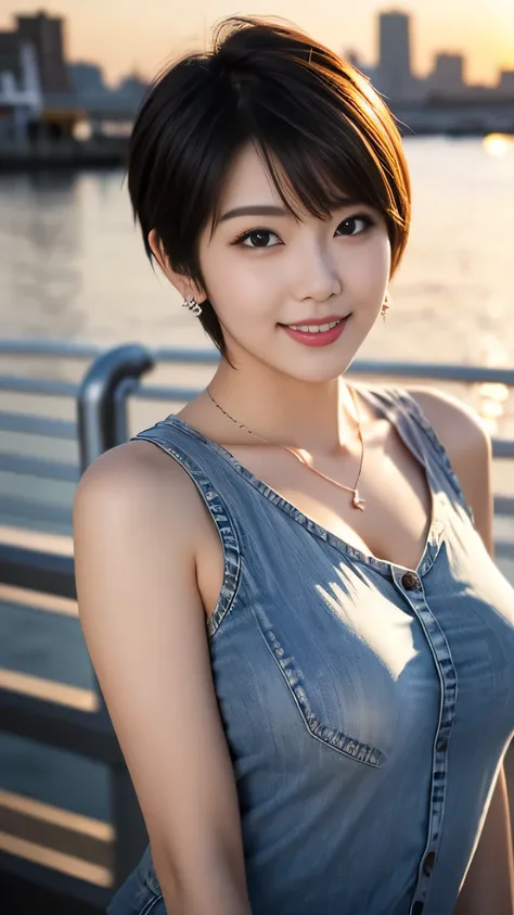 upper body photo anatomically correct 5 fingers beautiful Korean woman in front of the machine (((pixie cut))) earrings thin necklace Big Breasts Sensual Sensual Bodies Tshirt Jeans At the harbor pier with a beautiful sunset and look at the camera cute ch...