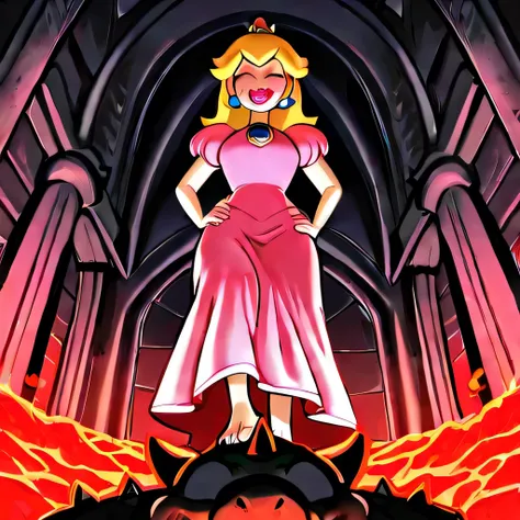 femdom, foot on Bowser's head, slightly low angle view, embarrassed:1.1, but secretly pleased vibe with closed eyes, ppeach, bossy Princess Peach confident teasing smirk:1.1, in pink dress, dark lava castle interior, cheerful playful atmosphere, anime styl...