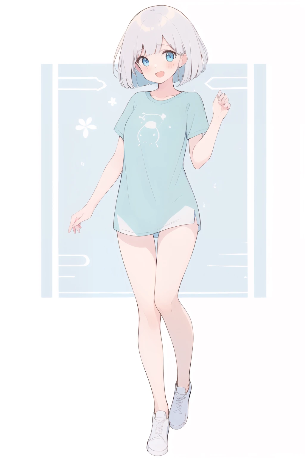 full body,1girl, solo,Bob Cut,beautiful silver hair,laugh,beautiful light blue eyes,t-shirt,完璧な手