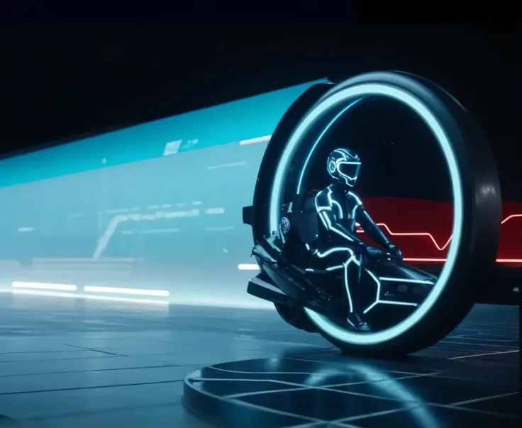 A futuristic scene depicting a sleek, high-tech vehicle resembling a monocycle with a glowing neon wheel backlit animation style. The rider, dressed in a shiny, form-fitting neon tro style suit, is seated in a streamlined cockpit, surrounded by vibrant sha...