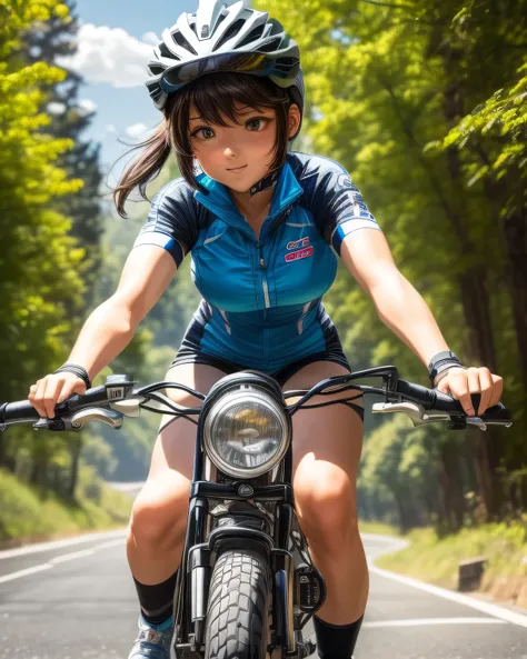 ((( masterpiece:1.3, best quality, high definition, NFFS, perfect pixel,  4K, NFFS, NFFS))), 1 girl on break day, off-road bike riding on rural roads in spring、 18 year old girl、jet helmet、((April scenery, , , She drives carefully along national highways))...