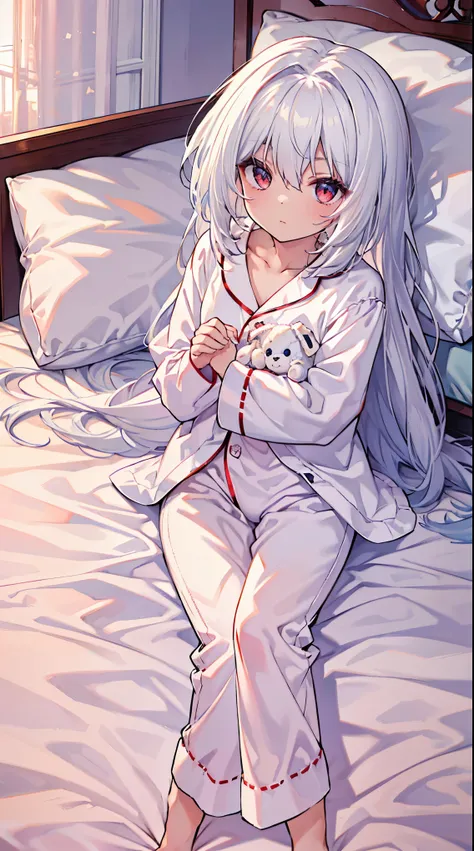 top grade 、white hair、long hair,straight hair,red eyes、Beautiful Girls、Petite、,flat chested,(, has a handwritten memo with Moko Moko Pajamas ,Large stuffed animal,pillow),bedroom,On the bedding,,,night,