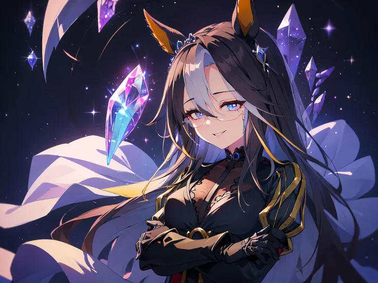 (theme「A charming villain」:1.olo、solo、adults、female、horse ears、Round Breasts、black hair、mesh hair、very long hair、No ears、Sitting with Arms Crossed Behind My Head、Old-fashioned smile、Looking Down with a Dreamy, Devilish Look Down、Blue Short Sleeve Lace Wedd...