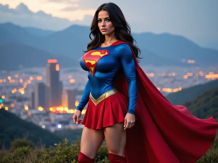 INCREDIBLY SEXY YOUNG INNOCENT MATURE SUPERGIRL, HYPER DETAILED BLUE EYES, beautiful Kryptonian superheroine, powerful stance, blue eyes, wavy black hair, determined expression, red and blue costume,red boots, , detailed facial features, 4K, flight, hyper ...