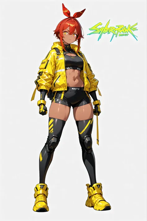 A beautiful tall girl with a strong physique with long red hair and brown skin, Amber-colored eyes , carrying an attractive and serious look, wearing a black sports top and sports shorts, both following the futuristic cyberpunk techwear theme, using the c...