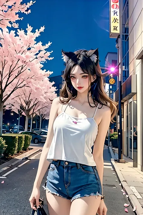 Beautiful cat woman, cat ear, street at night with lights, hot pants, fragrant pink flowers, passers-by, gradation of night scene, fine details, subtle tones, tranquility floating on the screen, white camisole.  