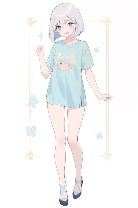 full body,1girl, solo,Bob Cut,beautiful silver hair,laugh,beautiful light blue eyes,t-shirt,完璧な手