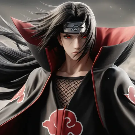 (masterpiece, perfect anatomy, ultra detailed photo, ultra hyper realistic person, best quality 8k) character: 1 boy, itachi uchiha, of the akatsuki, tall, thin and strong body, long black hair, serious and threatening, battle scars on his skin and clothes...