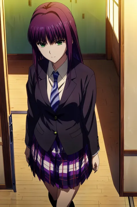 plaid skirt,high school students,Girl in a uniform in a black blazer,jewel-like eyes, 超 high image quality, ((( green eyes))),赤 purple hair behind closed doors, beautifulアニメ高校の女の子,( masterpiece:1.2, 最 high quality ), ( exists, photo exists:1.4), beautifulイ...