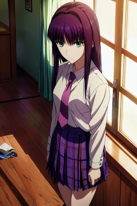plaid skirt,high school students,Girl in a uniform in a black blazer,jewel-like eyes, 超 high image quality, ((( green eyes))),赤 purple hair behind closed doors, beautifulアニメ高校の女の子,( masterpiece:1.2, 最 high quality ), ( exists, photo exists:1.4), beautifulイ...