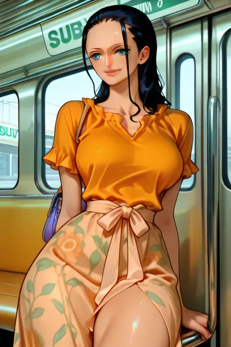 ((NICO ROBIN:1.36)) ,black hair,smile, blue eyes,((subway)), ((seductive)), modeling, ((thick thighs :1.29)),((perfect eyes:1.09)), ((subway:1.09)),completed_120%,completed_130%, completed_150%, (((Natural and warm colors (warm orange blouse)Soft, flowing ...