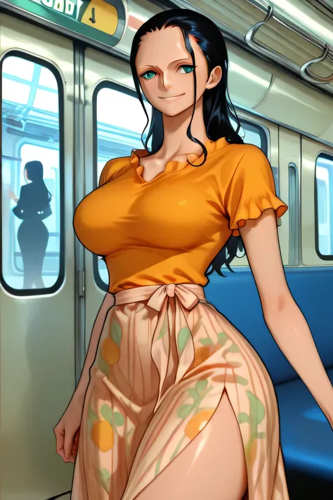 ((NICO ROBIN:1.36)) ,black hair,smile, blue eyes,((subway)), seductive, modeling, thick thighs ,((perfect eyes:1.09)), ((subway:1.09)),completed_120%,completed_130%, completed_150%, (((Natural and warm colors (warm orange blouse)Soft, flowing silhouette (f...