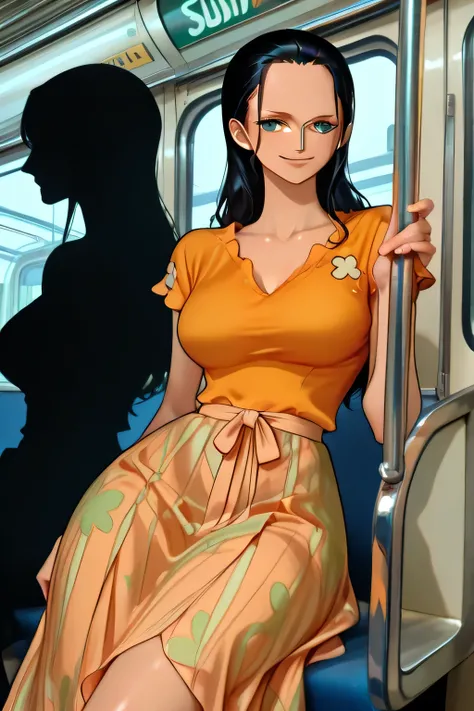 ((NICO ROBIN:1.36)) ,black hair,smile, blue eyes,((subway)), seductive, modeling, thick thighs ,((perfect eyes:1.09)), ((subway:1.09)),completed_120%,completed_130%, completed_150%, (((Natural and warm colors (warm orange blouse)Soft, flowing silhouette (f...