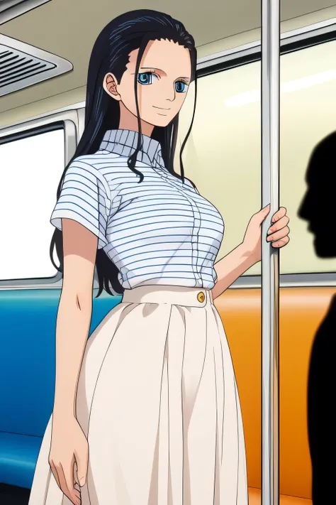 NICO ROBIN black hair,smile, blue eyes,((subway)), seductive, modeling, thick thighs ,((perfect eyes:1.09)), ((subway:1.09)),completed_120%,completed_130%, completed_150%, (( Mori girl style,Feminine outfit,Checked blouse, Khaki blouse,White long skirt, Lo...