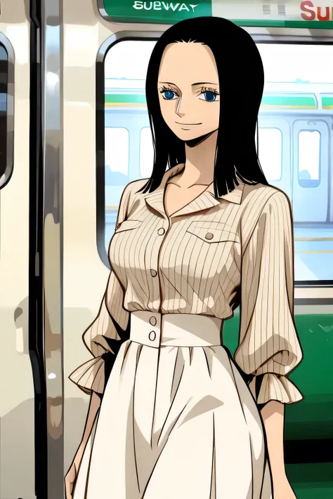 NICO ROBIN black hair,smile, blue eyes,((subway)), seductive, modeling, thick thighs ,((perfect eyes:1.09)), ((subway:1.09)),completed_120%,completed_130%, completed_150%, (( Mori girl style,Feminine outfit,Checked blouse, Khaki blouse,White long skirt, Lo...