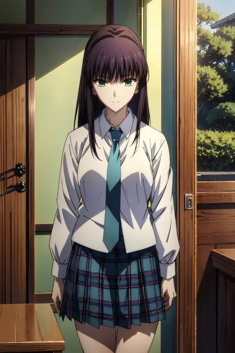 plaid skirt,high school students,Girl in a uniform in a black blazer,jewel-like eyes, 超 high image quality, ((( green eyes))),赤 purple hair behind closed doors, beautifulアニメ高校の女の子,( masterpiece:1.2, 最 high quality ), ( exists, photo exists:1.4), beautifulイ...