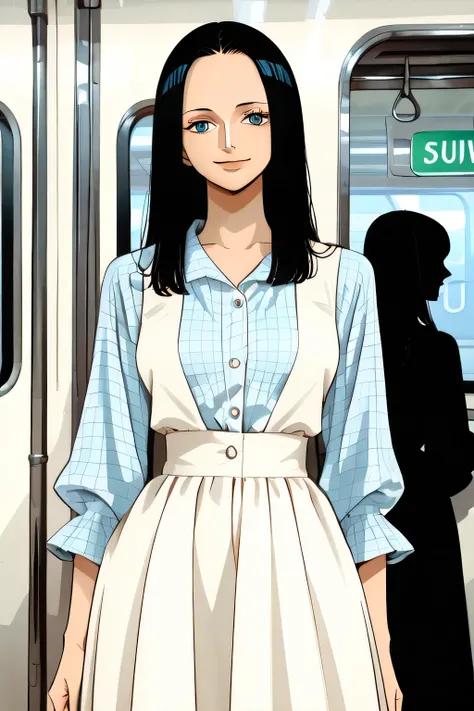 NICO ROBIN black hair,smile, blue eyes,((subway)), seductive, modeling, thick thighs ,((perfect eyes:1.09)), ((subway:1.09)),completed_120%,completed_130%, completed_150%, (( Mori girl style,Feminine outfit,Checked blouse, Khaki blouse,White long skirt, Lo...