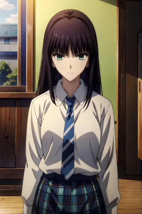 plaid skirt,high school students,Girl in a uniform in a black blazer,jewel-like eyes, 超 high image quality, ((( green eyes))),赤 purple hair behind closed doors, beautifulアニメ高校の女の子,( masterpiece:1.2, 最 high quality ), ( exists, photo exists:1.4), beautifulイ...