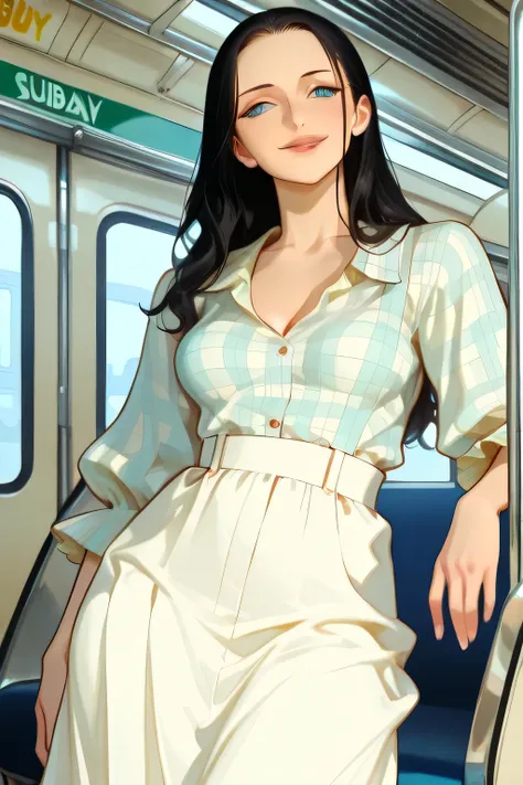 NICO ROBIN black hair,smile, blue eyes,((subway)),,seductive, modeling, thick thighs ,((perfect eyes:1.19)), ((subway:1.09)),completed_120%,completed_130%, completed_150%, (( Mori girl style,Feminine outfit,Checked blouse, Khaki blouse,White long skirt, Lo...