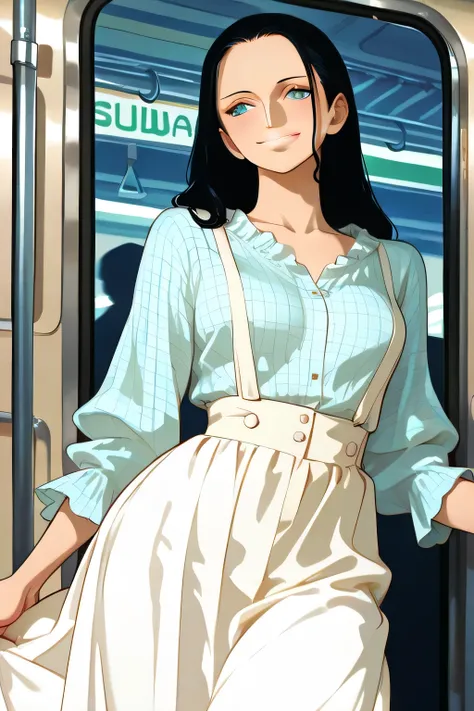 NICO ROBIN black hair,smile, blue eyes,((subway)), undressing, seductive, modeling, thick thighs ,((perfect eyes:1.09)), ((subway:1.09)),completed_120%,completed_130%, completed_150%, (( Mori girl style,Feminine outfit,Checked blouse, Khaki blouse,White lo...