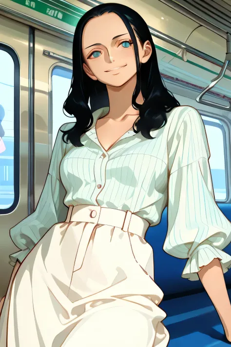 NICO ROBIN black hair,smile, blue eyes,((subway)),,seductive, modeling, thick thighs ,((perfect eyes:1.09)), ((subway:1.09)),completed_120%,completed_130%, completed_150%, (( Mori girl style,Feminine outfit,Checked blouse, Khaki blouse,White long skirt, Lo...