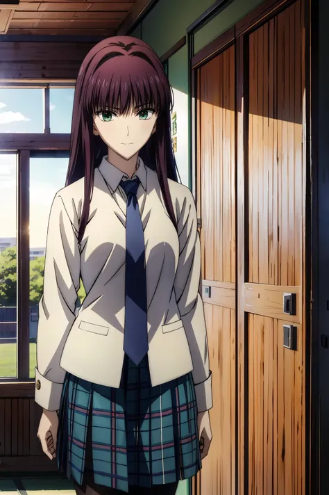 plaid skirt,high school students,Girl in a uniform in a black blazer,jewel-like eyes, 超 high image quality, ((( green eyes))),赤 purple hair behind closed doors, beautifulアニメ高校の女の子,( masterpiece:1.2, 最 high quality ), ( exists, photo exists:1.4), beautifulイ...
