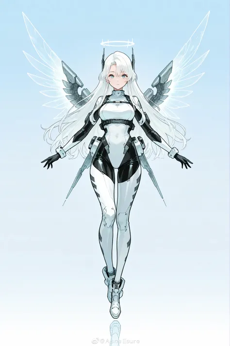 A beautiful girl with long white hair, a calm and serene look, wearing tight sexy costume with a futuristic techwear theme, open futuristic metallic wings, floating with arms raised, anjo, background background with solid color night blue, ambiente escuro,...
