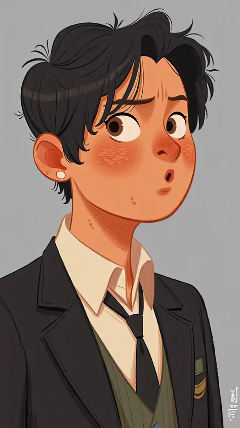 close-up,Portrait,A handsome、Trendy 、Handsome men,short black hair,brown-colored eyes,Mature woman about 30 years old in a black suit and white shirt ;Background gray; illustration style
