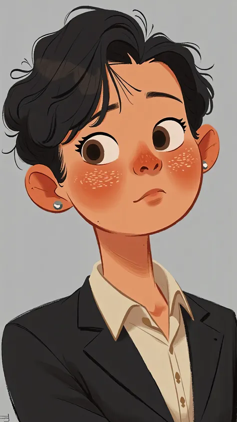 close-up,Portrait,A handsome、Trendy 、Handsome men,short black hair,brown-colored eyes,Mature woman about 30 years old in a black suit and white shirt ;Background gray; illustration style