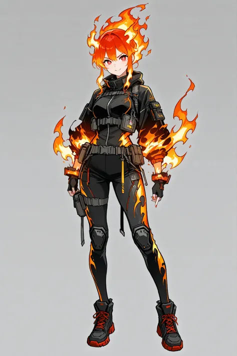 A beautiful girl with fiery hair and red eyes, a sarcastic and attractive look, with fire-manipulating powers, wearing a flaming black costume with a futuristic techwear theme, manipulating the flames with her fingertips, num fundo em chamas, concept art, ...