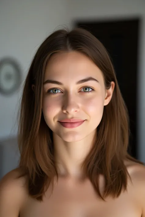 ultra-realistic portrait of a beautiful young woman, soft natural lighting, indoor setting, close-up, looking into the camera, long straight chestnut brown hair, center part, smooth skin with warm natural tone, subtle makeup, high cheekbones, defined jawli...