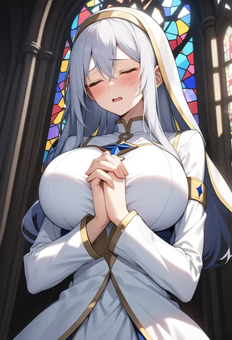 score_9, BREAK, stained glass, solo, (1 skinny priestess praying), bouncing huge breasts, huge perky breasts, too short torso, clasping both fists, orgasm