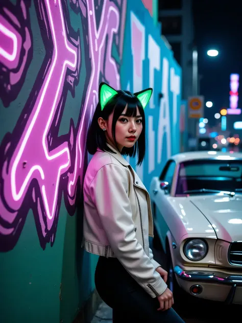 A scene from the movie。Shortcut with cat ears in a leather jacket {x}。shallow depth of field，Dramatic expression of wet skin and curves of the car。Perfect makeup shot，soaked，night parking with wire mesh，classic muscle car 63 Ford Mustang(Lowdown version)ha...