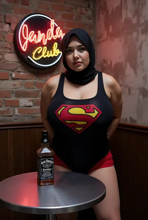 Dress up glam hair metal, very old lady "Wearing Hijab perfectly",  wearing Scoop Neck Sleeveless Superman grey Bodysuits singlet swimsuit , (KEDUA BELAH TANGAN DILETAK LETAKKAN DIBELAKANG PUNGGUNG) PLEASE DON'T PUT ANYTHING ROPE!!!,
   BBW HIJAB INDO MALA...