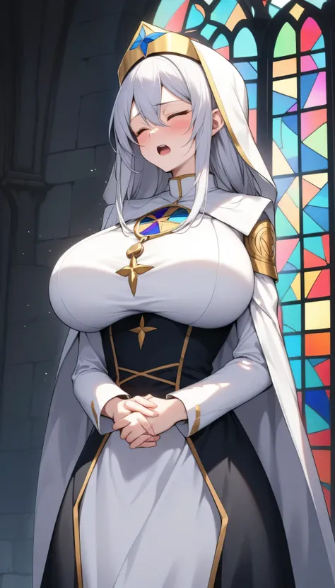 score_9, BREAK, stained glass, solo, (1 skinny priestess praying), bouncing huge breasts, huge perky breasts, too short torso, clasping both fists, orgasm