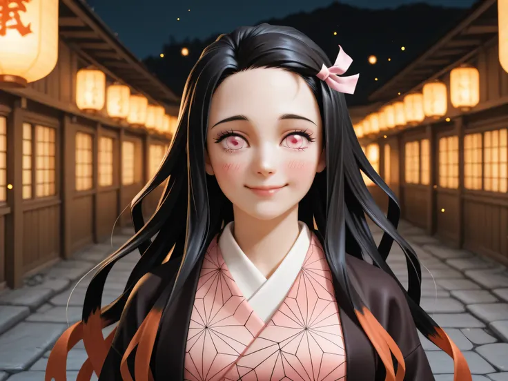 Nezuko Kamado from Demon Slayer, standing gracefully in a traditional Japanese street at twilight, surrounded by glowing paper lanterns, ultra-detailed character design, slightly tilted sensual pose with confident smile, detailed pink eyes shining with war...