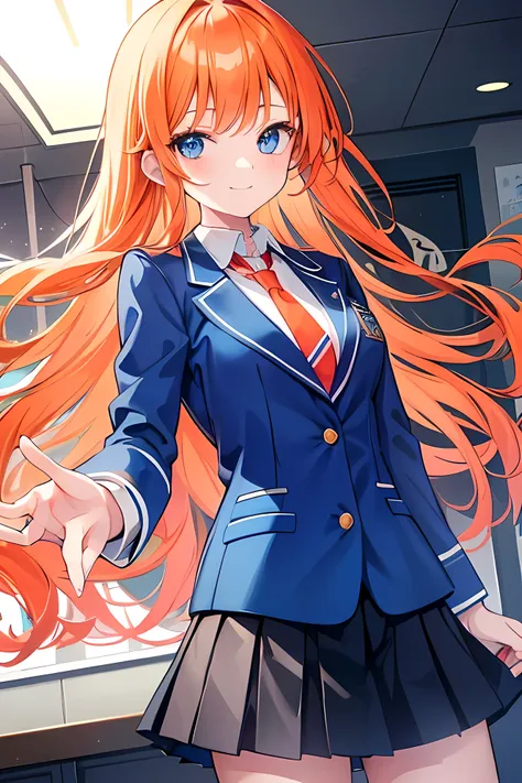Young girl, orange long hair, blue eyes, wearing uniform light blue blazer , black skirt checkered pattern, cool girl, class school background, light blue blazer, oversize blazer, red tie, bad girl, big eyes, smile face, cute girl